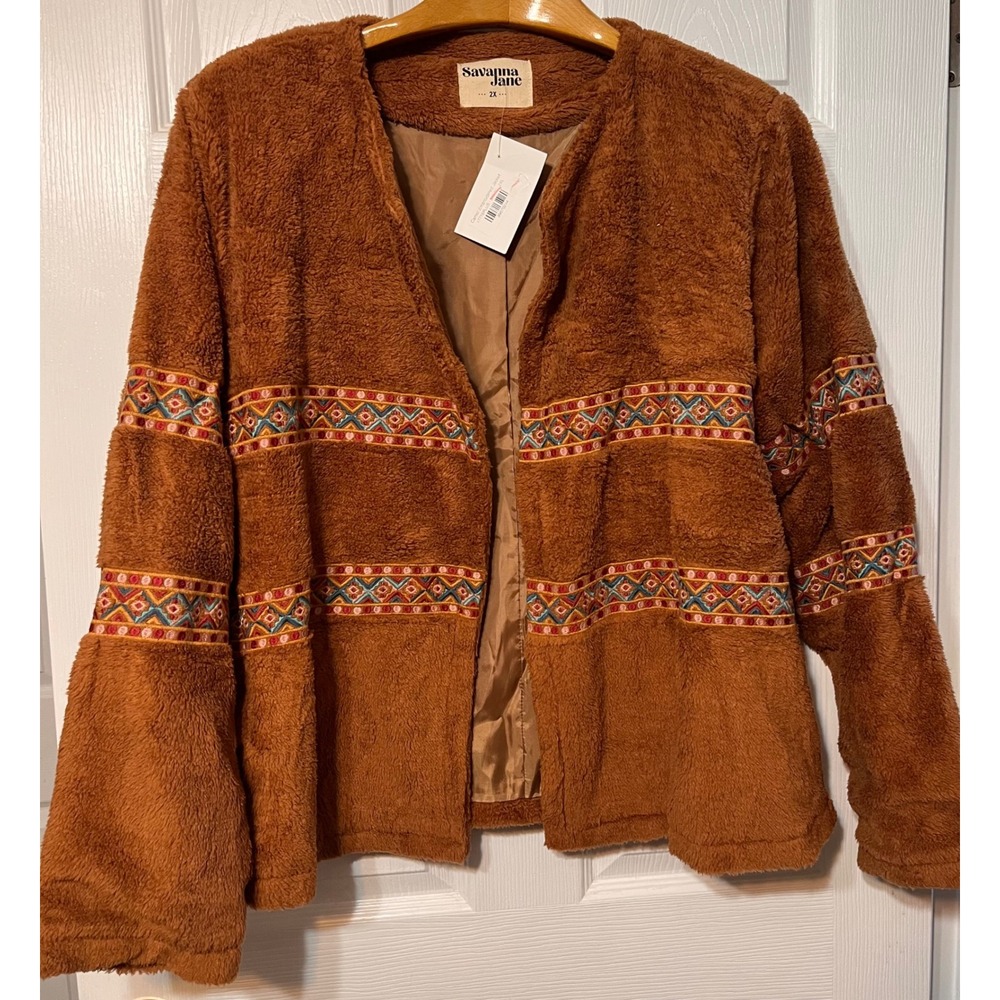 Savanna Jane Camel Sherpa Embroidered Open Front Jacket Plus Size 2X NWT